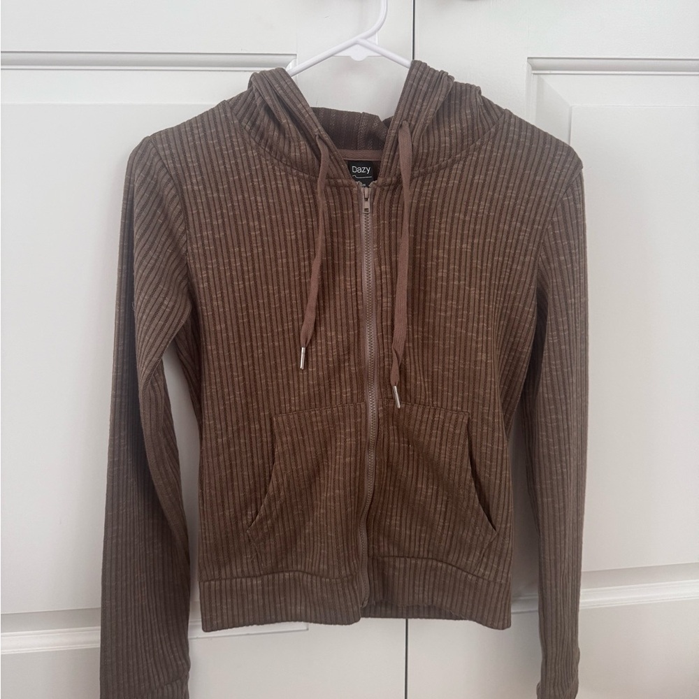 Brown Ribbed Zip-Up Hoodie